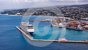 aerial landscape view of area around the port of Bridgetown, Barbados with the cruise ship \