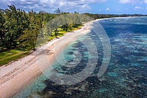 Aerial landscape view of the area around Riambel Public Beach located on Mauritius Islands South Coast with a massive reef