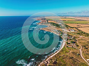 Aerial landscape view of Black sea coast Bulgaria and rocky beach shore of Krapec, Shabla, Kamen bryag, Yailata