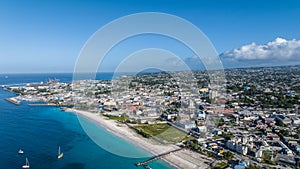 Aerial landscape view of Brownes Beach in front and central City of Bridgetown
