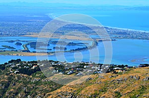 Aerial landscape view of Christchurch Canterbury plains and pegasus bay - New Zealand