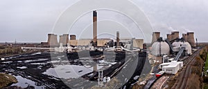 Aerial landscape view of Drax Power Station with coal stock