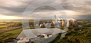 Aerial landscape view of Drax Power Station and English Village Salads