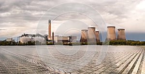 Aerial landscape view of Drax Power Station and English Village Salads