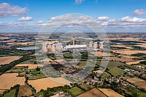 Aerial landscape view of Drax Power Station with pollution emissions