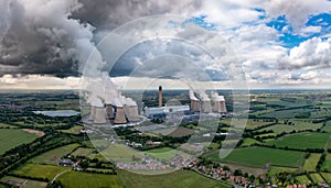 Aerial landscape view of Drax Power Station in Yorkshire