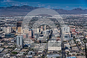 aerial landscape view of famous Downtown Las Vegas around Fremont Street,