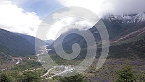 Aerial landscape view of green rocky canyon mountains with sky wide view