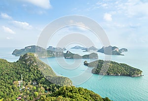 Aerial landscape view group of islands in Angthong islands national marine park in the morning from view point at Wua Ta Lap islan