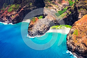 Aerial landscape view of Honopu Arch at Na Pali coastline