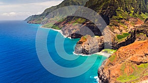 Aerial landscape view of Honopu Arch at Na Pali coastline, Kauai