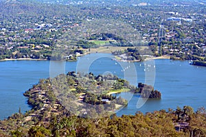 Aerial landscape view of Lake Burley Griffin in Canberra the capital city of Australia