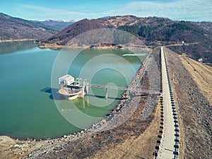 Aerial landscape view of lake Maneciu in early spring