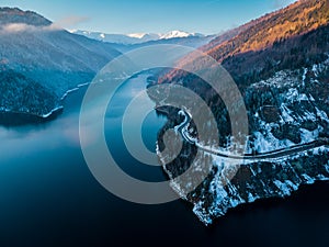 Aerial landscape view of lake Rausor in late winter