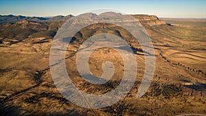 Aerial landscape view in the late afternoon of the Southern Escarpment of Wilpena Pound in the Flinders Ranges, South Australia.