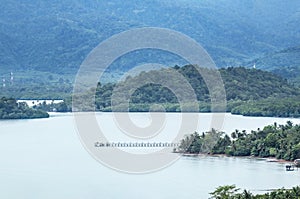 Aerial landscape view of long concrete pier at Ao Karang bay Koh Chang view point