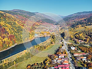 Aerial landscape view of a mountain village in autumn