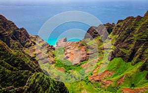 Aerial landscape view of Na Pali coastline, Kauai, Hawaii