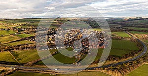 Aerial landscape view of the Northumberland village of Haydon Bridge