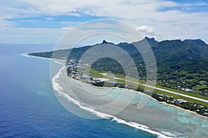 Aerial landscape view of Rarotonga airport and seaport Cook Isl