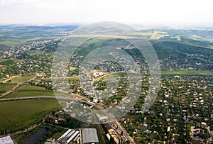 Aerial landscape view of a rural area under blue sky. Moldova