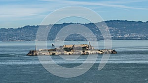 Aerial landscape view of San Francisco Bay Area with Alcatraz Island