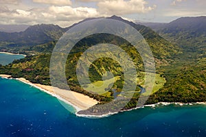 Aerial landscape view of shoreline at Na Pali coast, Kauai, Hawaii photo