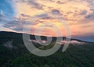 Aerial landscape view of a summer forest at sunset