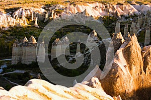 Aerial landscape view of typical geologic formations in Cappadocia. Amazing shaped sandstone rocks