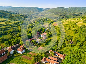 Aerial landscape view of the village and mountains