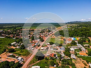 Aerial landscape of village of Bom Jardim during summer in Nobres countryside in Mato Grosso