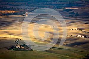 Aerial landscape of waves hills in rural nature, Tuscany