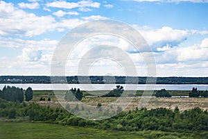 Aerial landscape of winding river in green field, top view of beautiful nature background