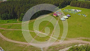 Aerial Large group of beautiful kids boys and girls running with kids in the park. Kite Carefree Activity Summer Joyful