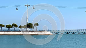 Aerial lift or cable car that spans the lisbon city waterfront. Lisbon Tourism