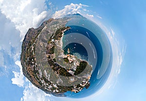 Aerial little planet view of Conca dei Marini,Tovere. Beautiful bay and famous resort near Amalfi, ,Italy, Europe