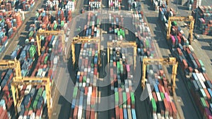 Aerial long exposure shot of a busy seaport container yard