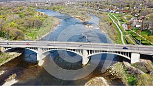 Aerial of the Lorne Bridge into Brantford, Ontario, Canada