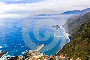 Aerial Madeira island view with Atlantic ocean, white waves, cliffs, and green nature