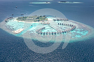 Aerial Maldives landscape. Luxurious summer island view from above. Tropical resort