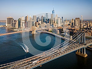 Aerial of Manhattan Bridge and Brooklyn bridge on a sunny day
