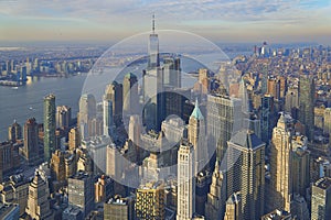 Aerial of the Manhattan financial district with modern office towers in New York City