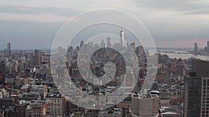 AERIAL: Manhattan New York City busy street lights at epic dusk