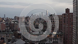 AERIAL: Manhattan New York City busy street lights at epic dusk