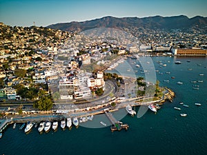 Aerial of Marina in Acapulco skyline surrounded by the beach and the sea