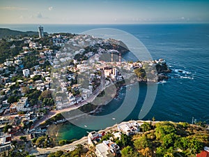 Aerial of Marina in Acapulco skyline surrounded by the beach and the sea