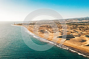 Aerial Maspalomas dunes view on Gran Canaria island.