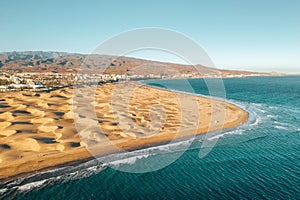 Aerial Maspalomas dunes view on Gran Canaria island.