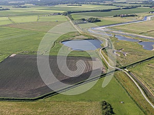 Aerial of meadowland with curving dike cycle lane and water storage on the dutch island of Texel photo
