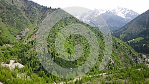 Aerial Medeo dam in the mountain in Almaty